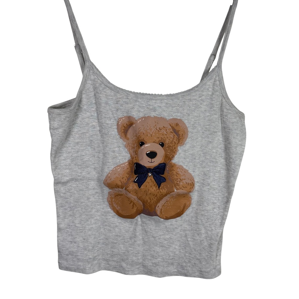 Lucky 777 Women Heather Grey Pointelle Teddy Bear Graphic Cami Crop Top Size M